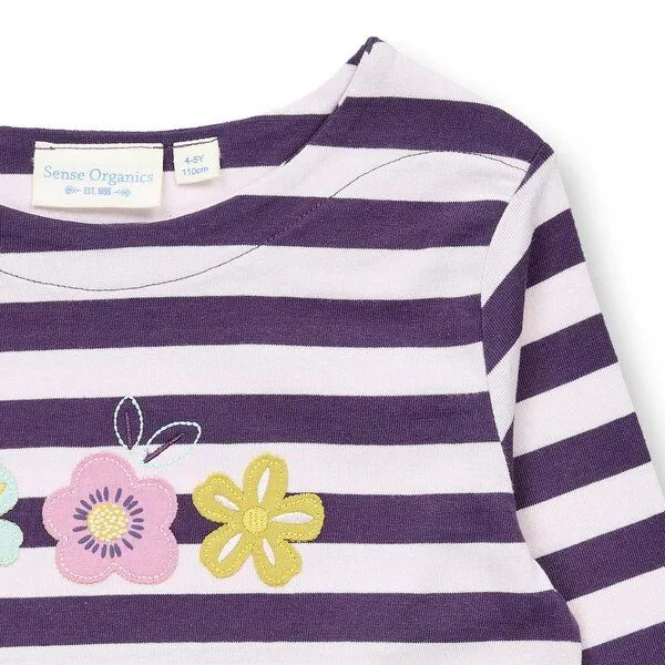 Sense Organics Sense Organics Mädchen Langarmshirt, Modell ALUNA, Dunkle pflaume geringelt mit blumen, – Produktbild 2 von 4