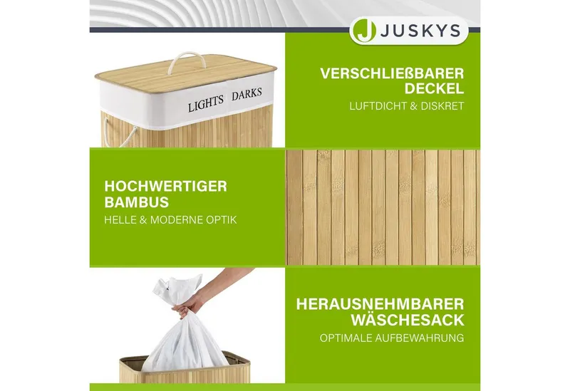 Juskys Wäschekorb Curly 100 L in Natur aus Bambus mit Deckel, 2 Fächern & Wäschesack, Wäschesammler für Familien, faltbar mit Tragegriffen, 52 x 32 x 63 cm, Beige, – Produktbild 3 von 5