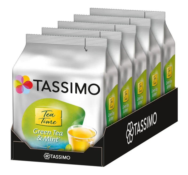 Tassimo Tassimo Tee Kapseln Tea Time Grüner Tee Minze T Discs 5x16 Teekapseln, (Packung, 5er Pack) – Produktbild 1 von 5
