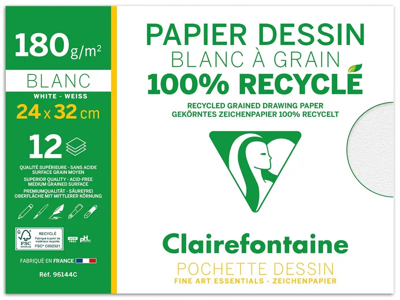 Clairefontaine Clairfontaine 'Dessin à grain Recycle' - Mappe mit Zeichenpapier, 24 x 32 cm, 12 Blatt – Produktbild 1 von 1