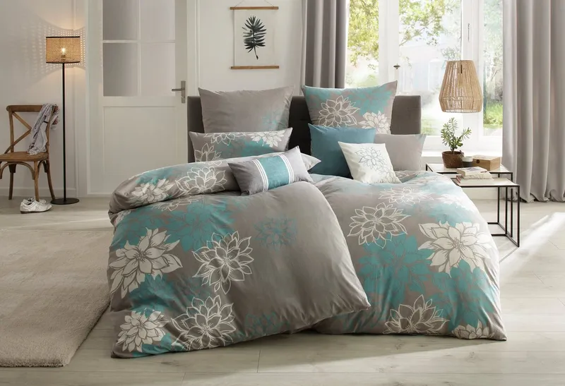 OTTO home Bettwäsche Susan in Gr. 135x200 oder 155x220 cm, Linon, 2 teilig, in verschiedenen Qualitäten, romantische Bettwäsche mit Blumen, Blau|grau, – Produktbild 3 von 5