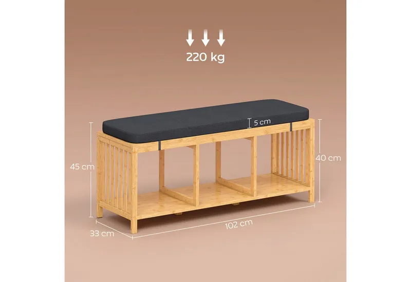 HOMCOM HOMCOM Schuhbank Schuhregal mit Stauraum, Sitzbank aus Bambus mit offener Ablage (Flurbank, 1-St., inkl. Sitzkissen), Schuhbank mit Sitzkissen und Stauraum, Beige, – Produktbild 3 von 5