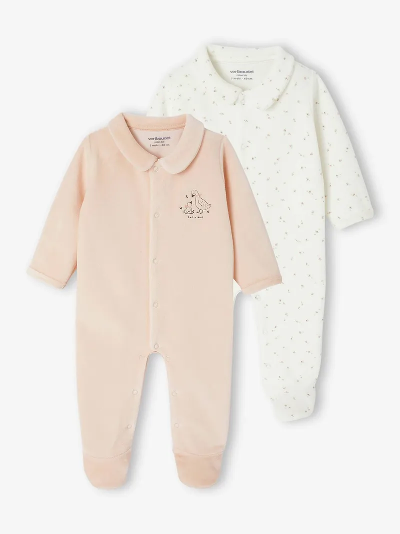 Vertbaudet 2er-Pack Baby Samt-Strampler mit Tier-Print, Rosa, – Produktbild 1 von 3