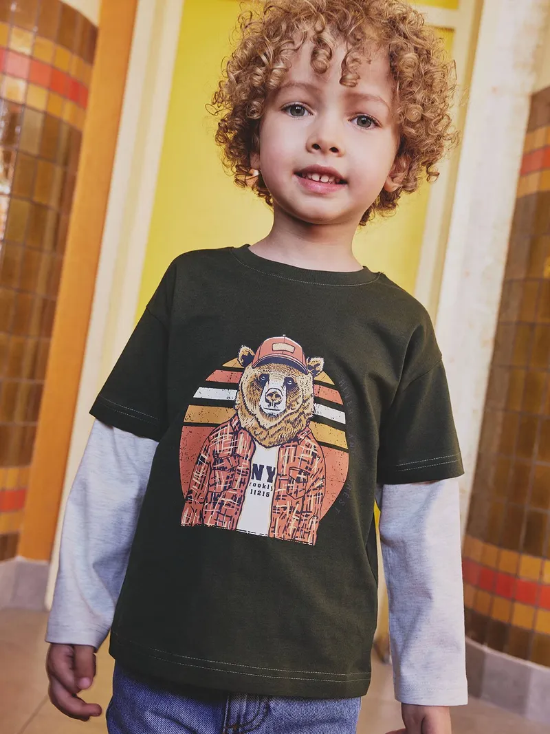Vertbaudet Jungen 2-in-1-Langarmshirt, Khaki, – Produktbild 1 von 3