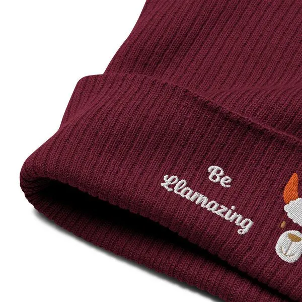 PepMelon Niedliche gestickte Lama-Mütze aus Bio-Rippstrick, Burgundy (rot), – Produktbild 4 von 6