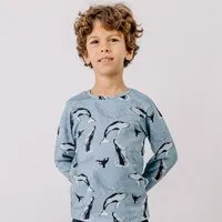 Walkiddy Kinder T-Shirt Bio-Baumwolle GOTS "Jumping Whales" blau – veganes, fair produziertes Walkiddy Kindershirt für empfindliche Haut, Alltag, Kita und Schule – Produktbild 1 von 1