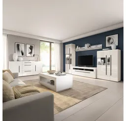 Lomadox Wohnzimmer-Set TURDA-83, (Mega-Spar-Set, 6-St., Couchtisch Highboard Lowboard Sideboard Vitrine Wandregal), weiß Hochglanz modern Metallgriffe Softclose-Türen Beleuchtung – Produktbild 1 von 1