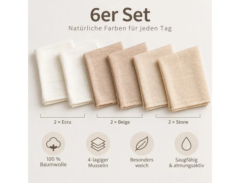 bistyle bistyle Spucktuch Musselin Mulltuch für Babys 20x20cm, (Set, 6-tlg., 6er-Pack), waschbare Musselin-Spucktücher saugstark, 4-lagig, 100% Bio-Baumwolle, Beige, – Produktbild 3 von 5