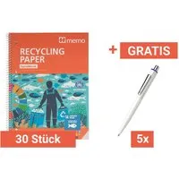 Memo 30 Stk. memo Spiralo A4 liniert 80 Blatt RC-plus+Gratis 5 Stk. Schneider 'K3 Biosafe' blau – Produktbild 1 von 1