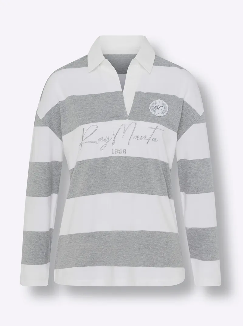 heine Langarm-Poloshirt grau-ecru-bedruckt, Grau-ecru-bedruckt, – Produktbild 3 von 3
