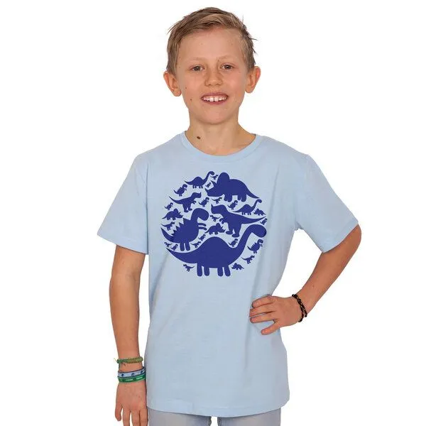 HANDGEDRUCKT HANDGEDRUCKT "Dinos" Unisex Kinder T-Shirt, Lightblue, – Produktbild 1 von 3