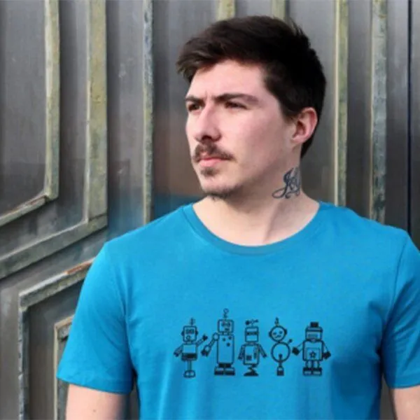 Spangeltangel Spangeltangel T-Shirt "Roboter", Herrenshirt, bedruckt, Handsiebdruck, Petrol, – Produktbild 2 von 4