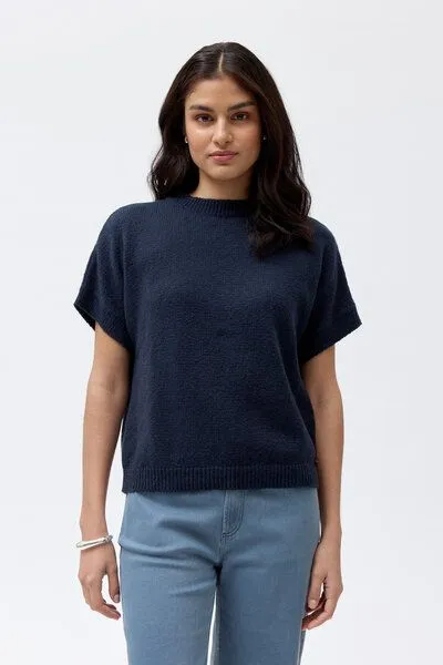 People Wear Organic People Wear Organic Boucléstrick Kurzarm Pullover, blau uni, Bio-Baumwolle – Produktbild 1 von 4