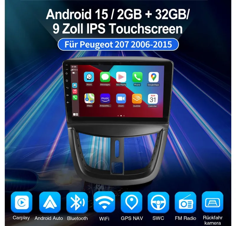 ESSGOO Für Peugeot 207 2006-2015 Android 15.0 Autoradio Navigationsgerät (Apple Carplay Android Auto GPS Navi WIFI BT SWC), Schwarz, – Produktbild 2 von 5