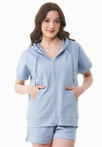 ORGANICATION ORGANICATION Leichte Full-Zip Kurzarm-Hoodie aus Bio-Baumwolle, Ice blue, – Produktbild 1 von 4