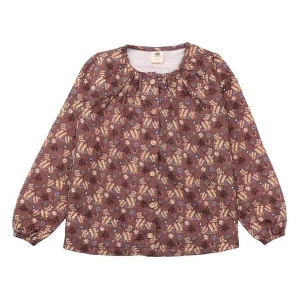 Walkiddy Kinder Bluse GOTS zertifiziert Bio-Baumwolle, Mauvebraun, Blumen- und Blattmuster, Knopfleiste, Walkiddy – Produktbild 1 von 2