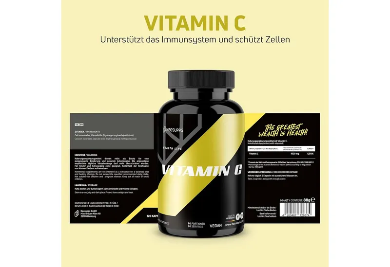 Neosupps Vitamin C hochdosiert,120 Kapseln, Vegan, 1000 mg pro Tagesdosis Kapseln, Antioxidans, Zellschutz, unterstützt Eisenaufnahme & Kollagenbildung – Produktbild 4 von 5