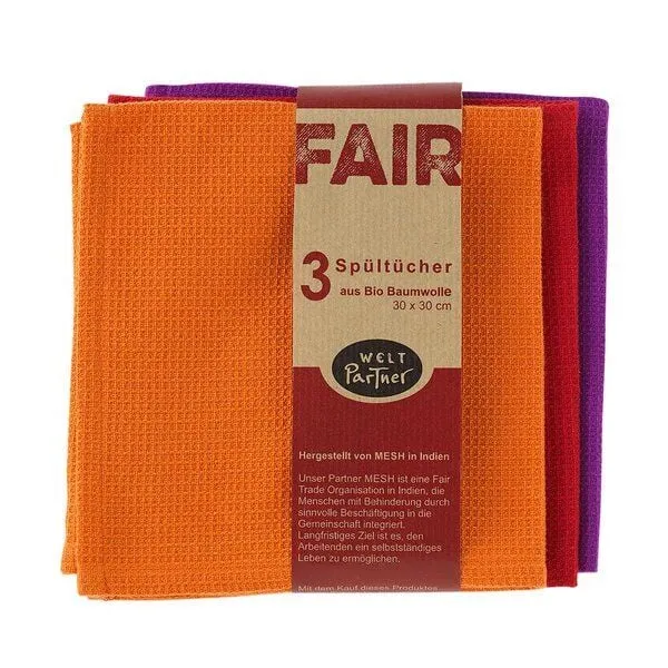 weltPartner weltPartner 3er-Set Spültücher aus Bio-Baumwolle, 30x30 cm, Orange-rot-lila (rot), – Produktbild 1 von 3