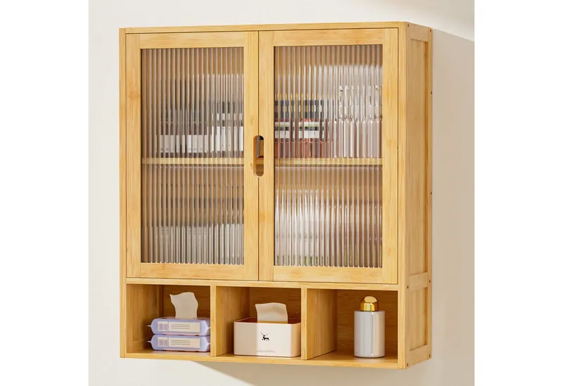 Yorbay Hängeschrank Bambus Badezimmerschrank (59x22x66 cm, Magnetverschluss & verstellbare Regale) Wandschrank mit Doppeltüren, Bambus, – Produktbild 1 von 5