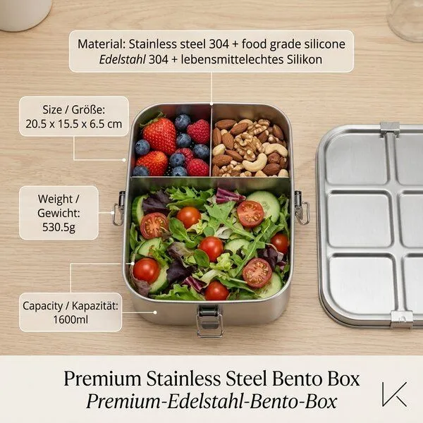 eTHikǝ eTHikǝ Edelstahl Bento Lunchbox 1600ml mit 3 Fächern – Auslaufsicher & Robust / Stainless Steel Bento Lunchbox 1600ml (3 Compartments) – Leak-Proof & BPA-Free – Produktbild 1 von 4