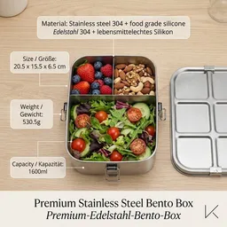 eTHikǝ eTHikǝ Edelstahl Bento Lunchbox 1600ml mit 3 Fächern – Auslaufsicher & Robust / Stainless Steel Bento Lunchbox 1600ml (3 Compartments) – Leak-Proof & BPA-Free – Produktbild 1 von 1