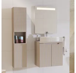 Lomadox Badmöbel-Set NEWPORT-56-CASHMERE, (Spar-Set, 3-St., Hochschrank LED-Spiegel Waschtisch), mit 60cm Waschtisch, Keramikwaschbecken – Produktbild 1 von 1