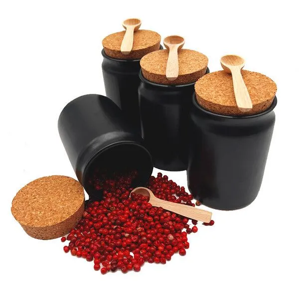 mikken mikken 4x Gewürzdose keramik schwarz mit Löffel Gewürzgläser Set mit Korken – Produktbild 1 von 3