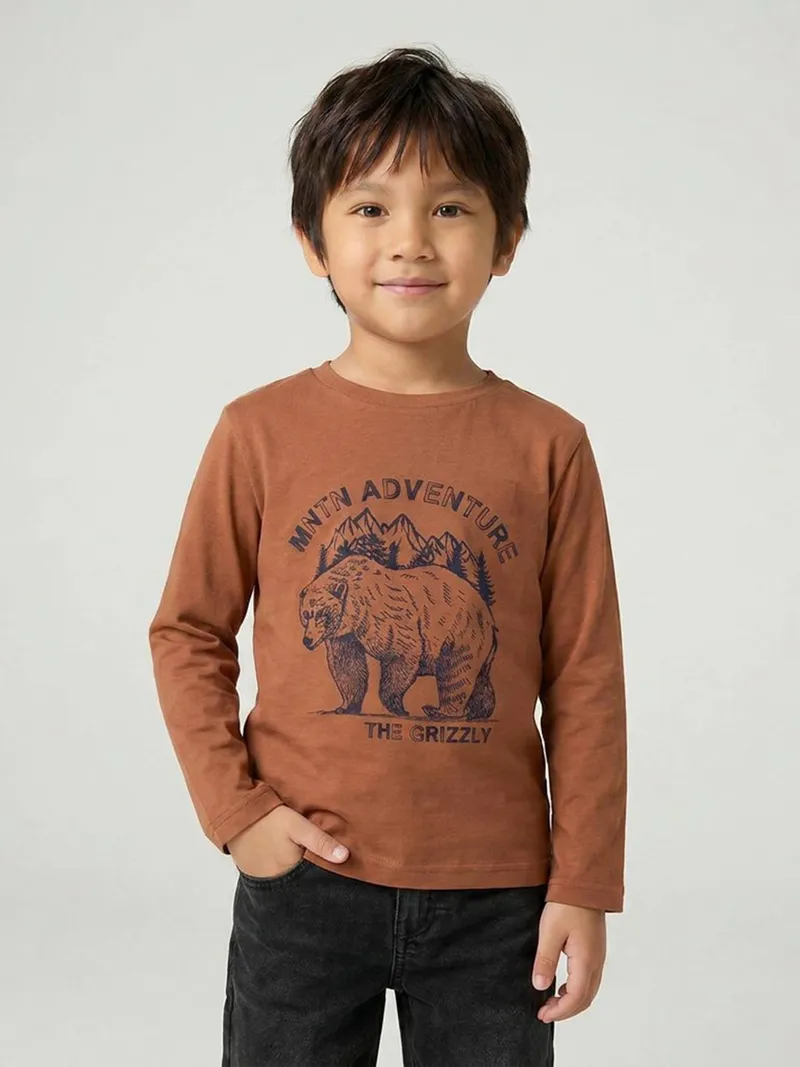 Vertbaudet Langarmshirt mit Print Jungen, Cappuccino, – Produktbild 2 von 3