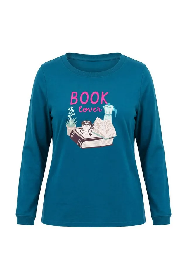 Ulla Popken Sweatjacke Loungewear-Sweater Book Lover Rundhals Langarm, Blau, – Produktbild 3 von 4