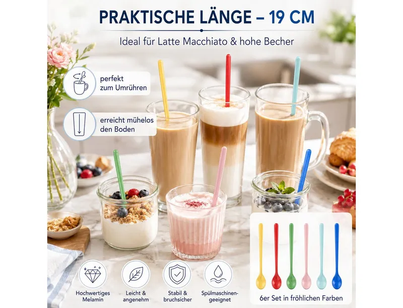 RICE RICE Dessertlöffel Latte Löffel Set 6er bunt lang für Kaffee & Dessert (6 Stück), Bunt, – Produktbild 2 von 5