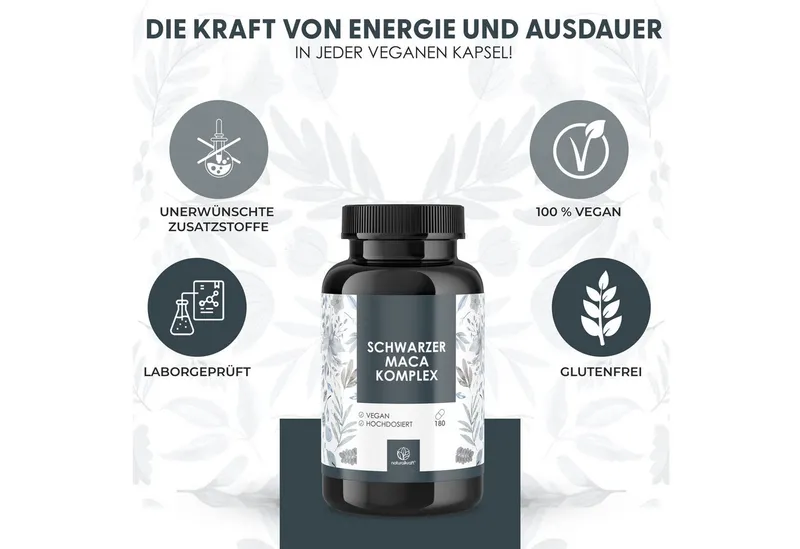 Naturalkraft Schwarzer Maca Komplex mit Ginseng – 180 vegane Kapseln, geprüft Kapseln, 108 g – Produktbild 1 von 5