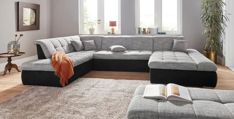 DOMO collection Wohnlandschaft PB MORIC wahlweise mit Bettfunktion und Armteilverstellung U-Form, XXL-Format B/T/H: 353/216/80 cm, feine Steppung, incl. Zierkissen, Grau|schwarz, – Produktbild 1 von 4