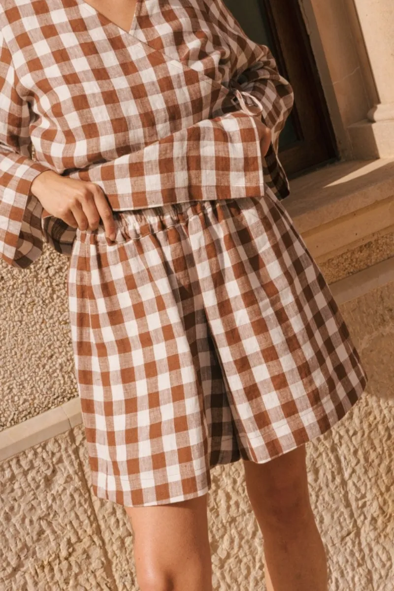 AmourLinen AmourLinen Damen vegan Shorts Betty Classic Mocha Gingham, Braun, – Produktbild 2 von 2