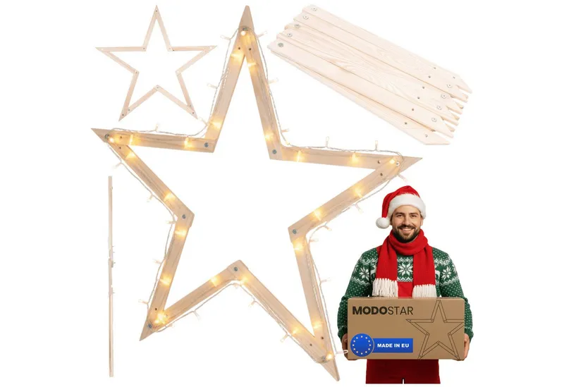 Modo24 Dekostern DIY MODOSTAR Weihnachtsstern Set aus FSC Holz 2D und 3D in 3 Breiten, zum Garten & Terrasse, wetterfest, faltbar & stabil, Weihnachtsdeko, Weiß, – Produktbild 2 von 6