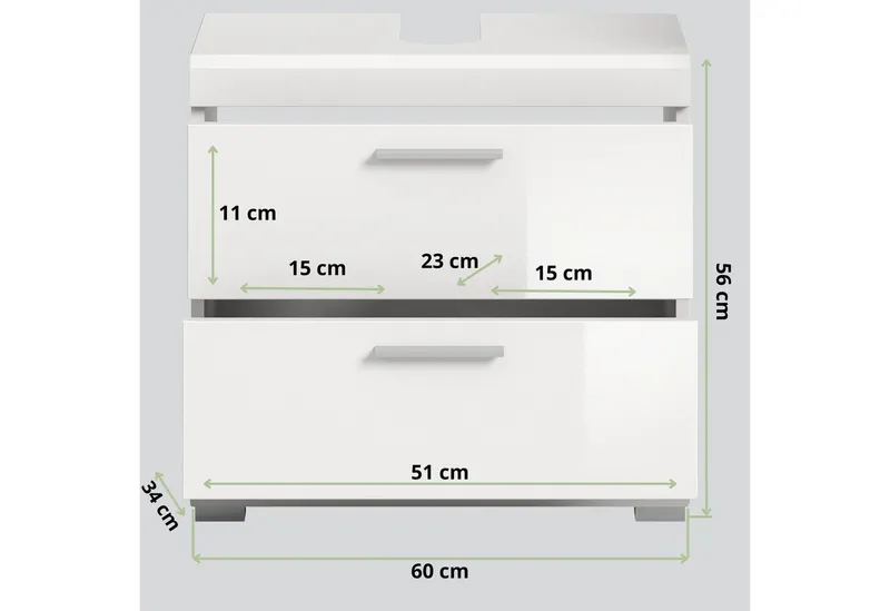 furnling Waschbeckenunterschrank Scott 2 Schubladen, Badmöbel, Badschrank, Badunterschrank, 60 cm breit, Weiß, – Produktbild 3 von 5
