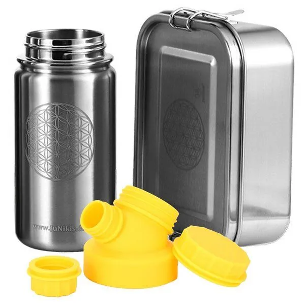JN JuNiki's JN JuNiki's Einschulungs-Set "Blume des Lebens": Lunchbox + isolierte Edelstahltrinkflasche, Gelb, – Produktbild 1 von 4