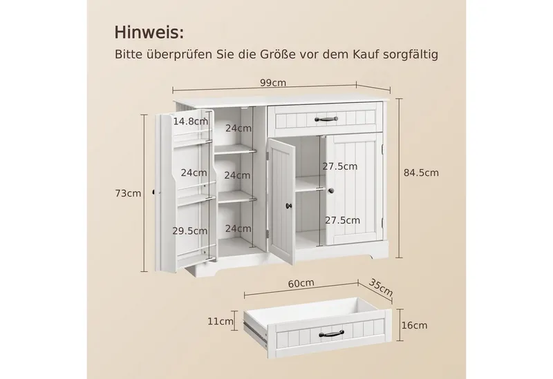 Blishom Sideboard Küchen-Sideboard mit 1 Schublade, 3 Türen und Türablagen, Zusätzliche Fächer für Gewürze, Vorräte und Küchenzubehör, Weiß, – Produktbild 2 von 5