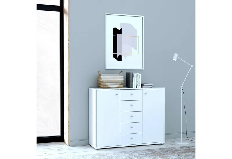FORTE Kommode Tempra, Kommode, 2 Türen, 5 Schubkästen, viel Stauraum, Breite 108,8 cm, Weiß, – Produktbild 3 von 5