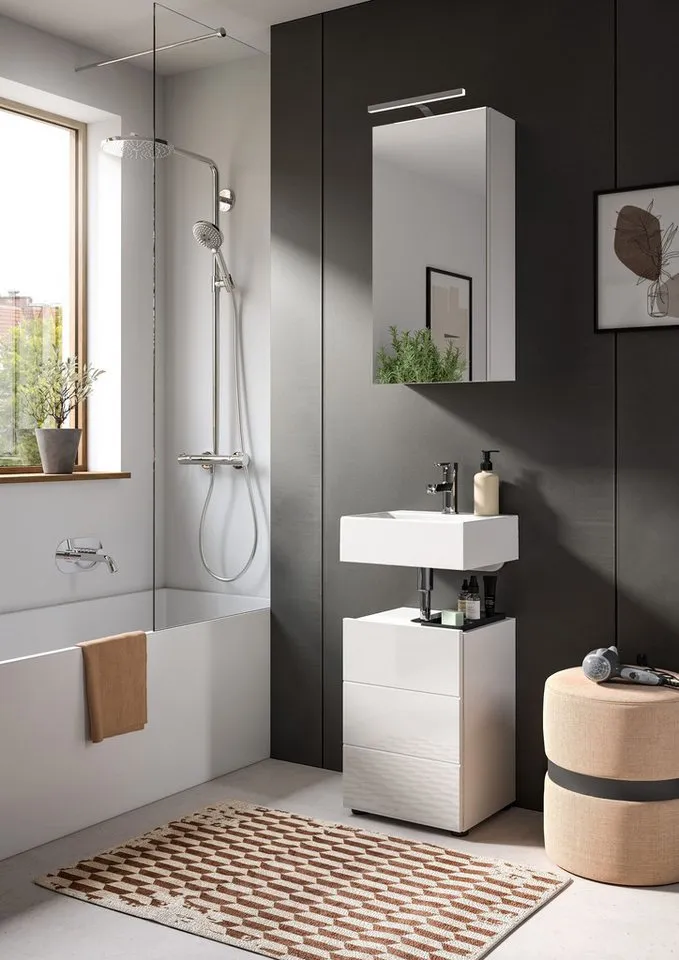 xonox.home Waschbeckenunterschrank Weiß Hochglanz Siphonausschnitt Melamin Modern 38x56x34 cm, Weiß, – Produktbild 5 von 5