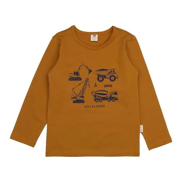 Walkiddy Walkiddy Kinder Langarmshirt GOTS-zertifiziert aus Bio-Baumwolle karamellbraun mit Fahrzeuge-Motiv „Crazy Machines“, Gelb, – Produktbild 1 von 3