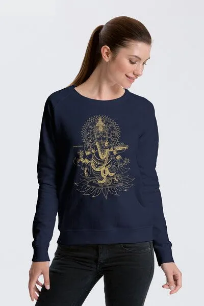 Peaces.bio - handbedruckte Biomode Peaces.bio - handbedruckte Biomode Bio Damen-Sweatshirt Ganesha, Navy, – Produktbild 2 von 2