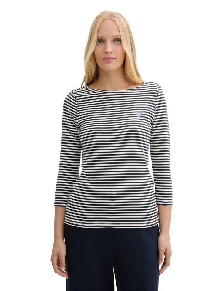 Tom Tailor Tom Tailor T-Shirt Gestreiftes mit Herz-Logo auf der Brust für Damen (1-tlg) Bio-Baumwolle nachhaltig Regular Fit Normal 3-4 Ärmel, Blau, – Produktbild 2 von 5