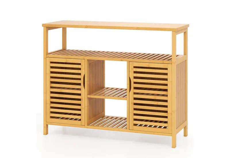 COSTWAY COSTWAY Badkommode, Badezimmerschrank Bambus mit Lamellentüren, 100x35x80cm, Beige, – Produktbild 1 von 5
