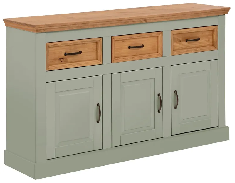 OTTO home Sideboard Selma Kommode mit 3 Türen, 3 Schubläden und 6 Fächer, Metallgriffe, aus massivem Kiefernholz, 3 Einlegeböden, mit dekorativer Fräsung, Grün, – Produktbild 1 von 5