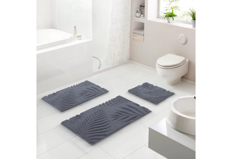 Grund Grund Badematte Ferya, Höhe 20 mm, rutschhemmend beschichtet, fußbodenheizungsgeeignet, Polyester, rechteckig, Dezentes Blattmuster mit Hoch-Tief-Struktur, 5 Jahre Garantie, Grau, – Produktbild 2 von 7