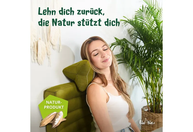 livasia Nackenstützkissen Knochenkissen, vegan und handgefertigt, Ø 15x32cm, Kapok, Grün, – Produktbild 2 von 5