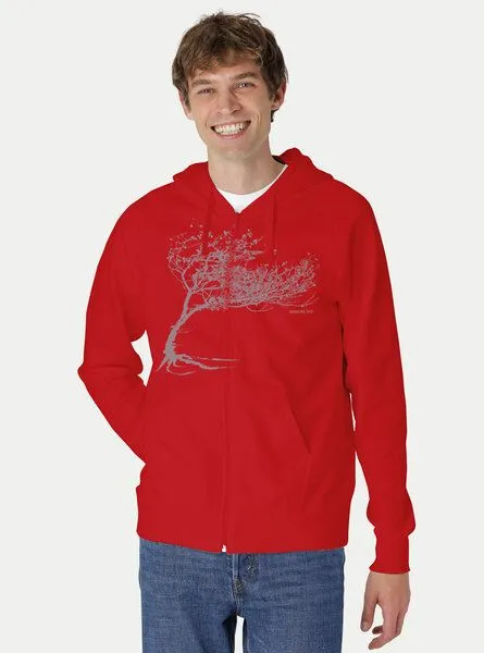 Peaces.bio - handbedruckte Biomode Peaces.bio - handbedruckte Biomode Bio Herren-Zip-Hoodie Windy Tree, Rot, – Produktbild 3 von 3