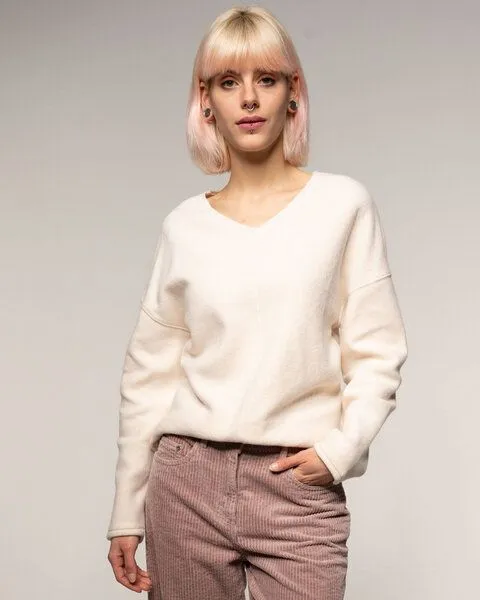 Alma & Lovis Alma & Lovis Kuscheliger Teddy-Sweater aus Organic Cotton | Teddy V-Neck, Auster (beige), – Produktbild 1 von 4