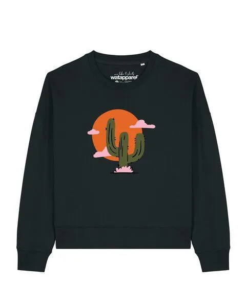 watapparel watapparel Sweatshirt Frauen Kaktus im Sonnenuntergang, Black, – Produktbild 1 von 2