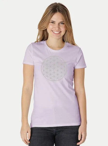 Peaces.bio - handbedruckte Biomode Peaces.bio - handbedruckte Biomode Bio-Damen-T-Shirt Die Blume des Lebens, Lila, – Produktbild 2 von 3